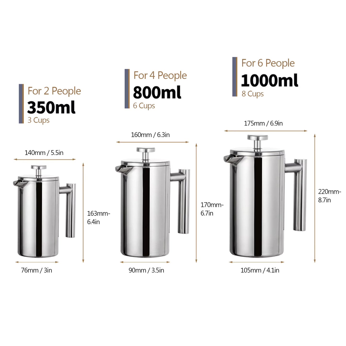 Thermal Stainless Steel French Press Coffee Maker - 350ml/800ml/1000ml