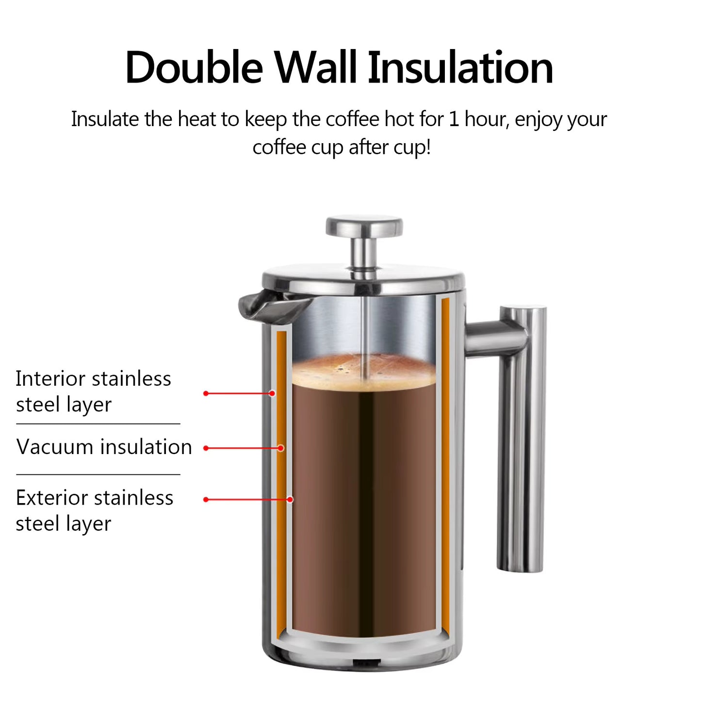 Thermal Stainless Steel French Press Coffee Maker - 350ml/800ml/1000ml